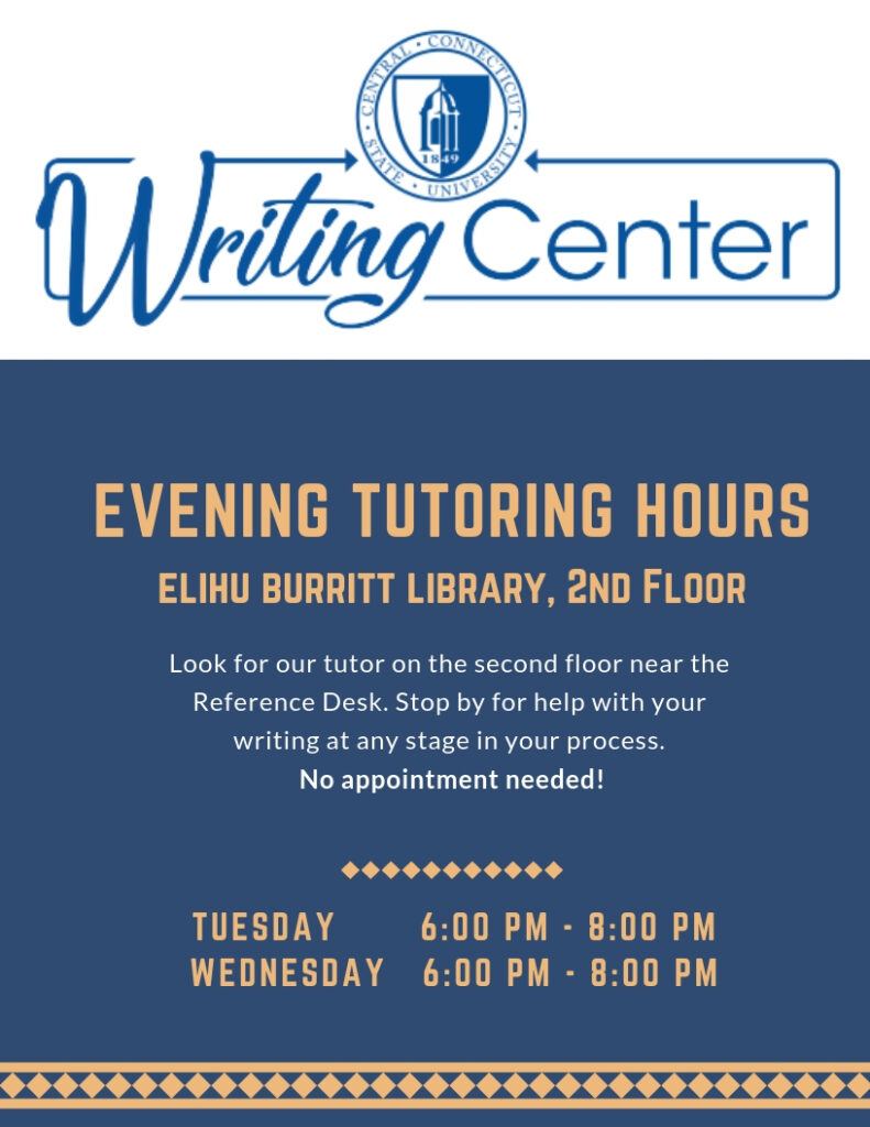 Writing Center tutors at the library, Tues and Thurs evenings - 6-8pm