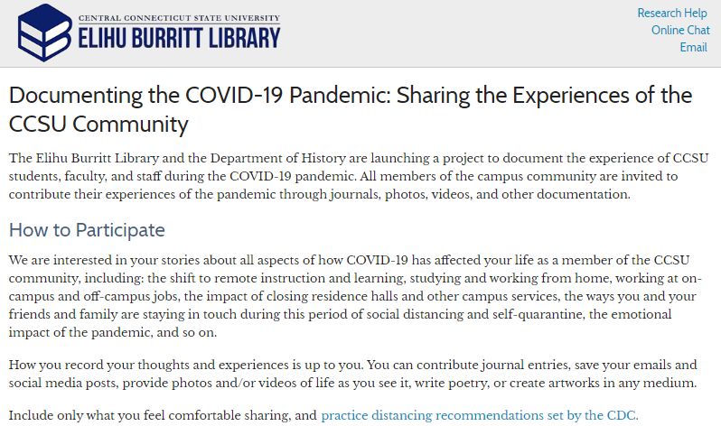 CCSU Pandemic Archive project page - learn more & sign up