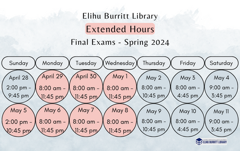 The library's extended hours, 4/29-5/8, will be Mon-Wed: 8am-11:45pm; Thurs: 8am-10:45pm; Fri: 8am-4:45pm; Sat: 9am-3:45pm; Sun: 2-10:45pm